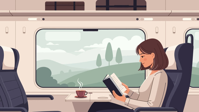 Woman reading a book on a train journey.