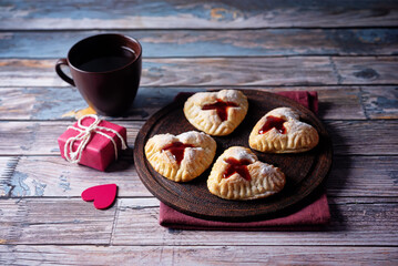 Strawberry jam puff heart cakes for Valentine's day holiday