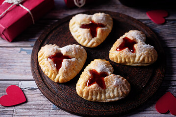 Strawberry jam puff heart cakes for Valentine's day holiday
