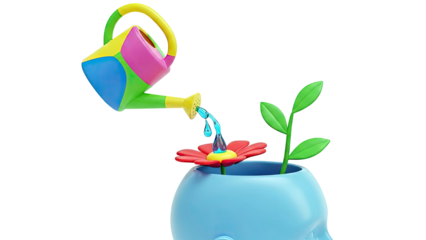 Watering Can Nurtures Flower Growing from Head Sculpture