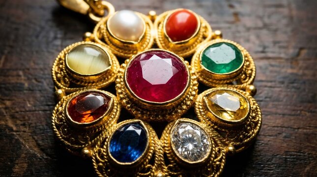 Macro View of Traditional Indian Gold Navratna Pendant with Nine Astrological Gemstones