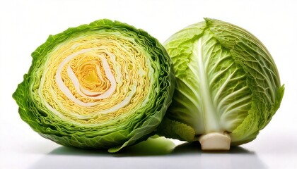 Fototapeta premium Fresh Green Cabbage Head and Half.