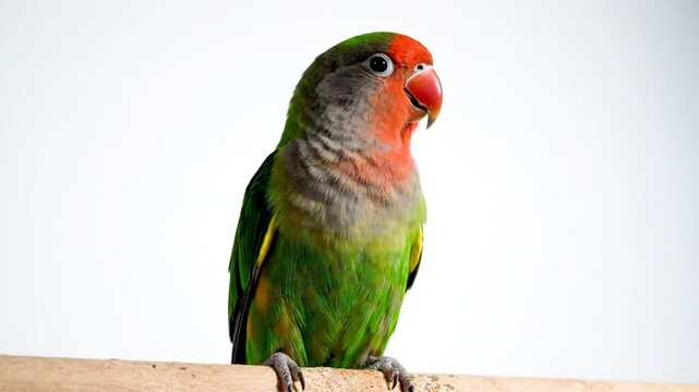 Cute colorful lovebird perched on a wooden stick against a bright white background, observing the surroundings