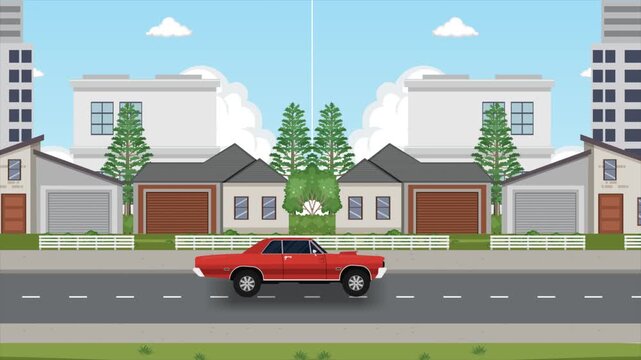 Seamless loop animation of a car driving along a quiet suburban street in flat illustration style. Suitable for transportation concepts, educational videos, explainer animations, and motion graphic ba