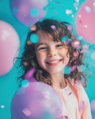 Fototapeta premium Smiling girl celebrating her birthday with colorful balloons and confetti. Joyful children’s party.