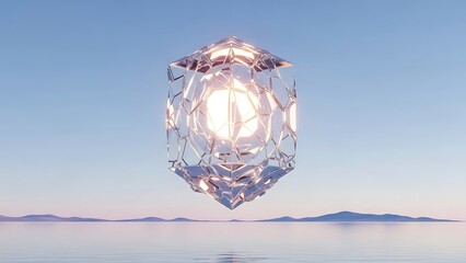 Fototapeta premium Luminous Crystal Cube Floating Serene Above Calm Water at Sunset