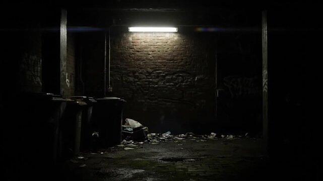 Sinister urban landscape illuminated by a single fluorescent light illuminating grime and litter