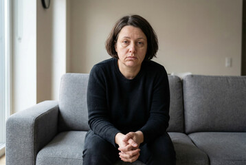 Depressed Woman Sitting Alone on Couch at Home Facing Mental Health Struggles