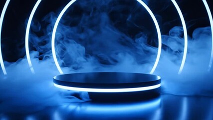 Futuristic product display podium with vibrant blue neon lights and mystical smoke creating an abstract and dynamic stage for virtual presentations gaming events or technological showcases in a dark .