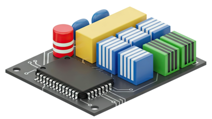Electronic Circuit Board Components with Microchip and Capacitors