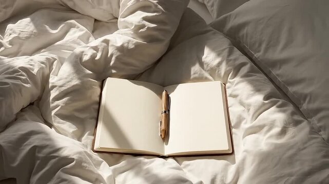 Open notebook with pen resting on rumpled white sheets, bathed in soft morning sunlight.