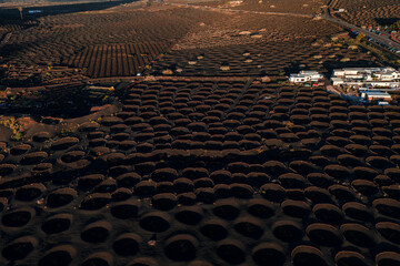 Aerial scene shows La Geria volcanic vineyards with zocos in black ash near a whitewashed settlement and road. Late day light casts long shadows across pumice fields. © Aerial Film Studio