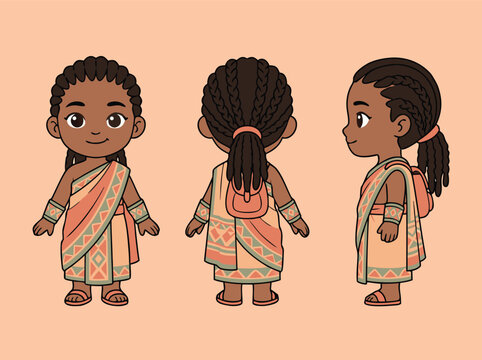 Chibi African girl character sheet with front, back, and side views.