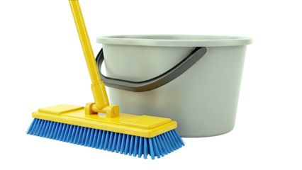 Yellow broom and grey bucket for cleaning