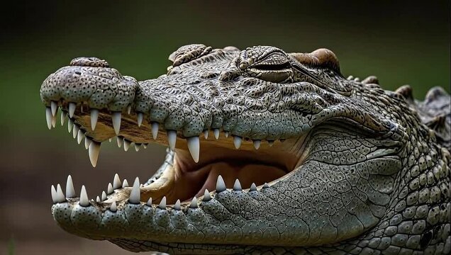 Menacing crocodile opens its powerful jaws wide displaying sharp teeth in an exciting nature video perfect for wildlife documentaries