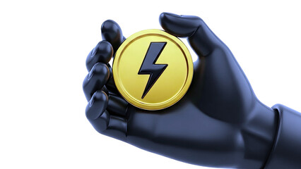 Black Hand Holding Golden Lightning Bolt Coin