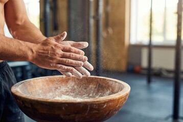 Hands prepare for lifting weights in a gym with chalk dust rising in the air during a workout session near equipment and natural light