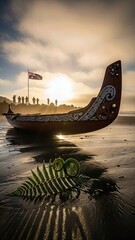 Waitangi Day dawn ceremony, a vibrant cultural observance with a carved waka, indigenous fern, and people honoring heritage on a serene coastal landscape