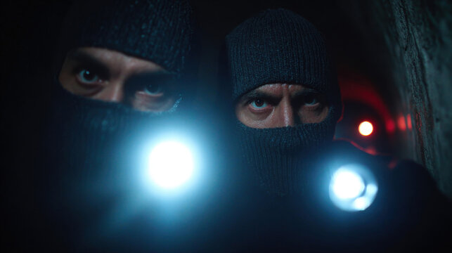 two thieves in black balaclavas with bright flashlights