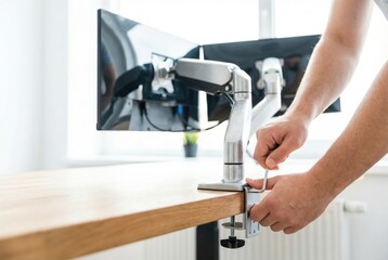 Person installs monitor arm on desk in workspace during daytime