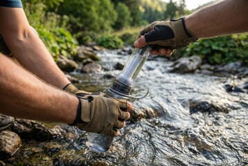 Two people fill a water bottle from a clear stream while enjoying nature in a forested area on a sunny day
