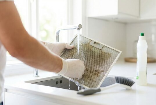 Cleaning a kitchen range hood filter in a modern home during the daytime