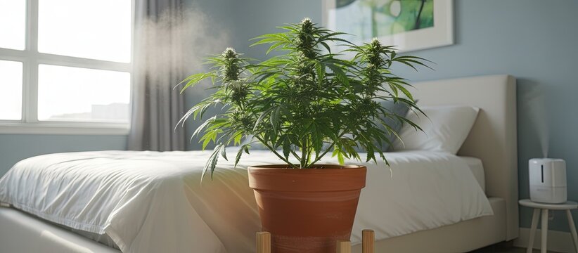 Potted cannabis plant in bedroom at home