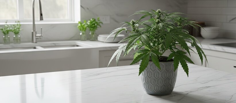 Potted cannabis plant in home kitchen