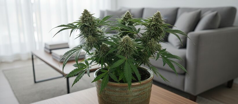 Potted cannabis plant in home living room/den