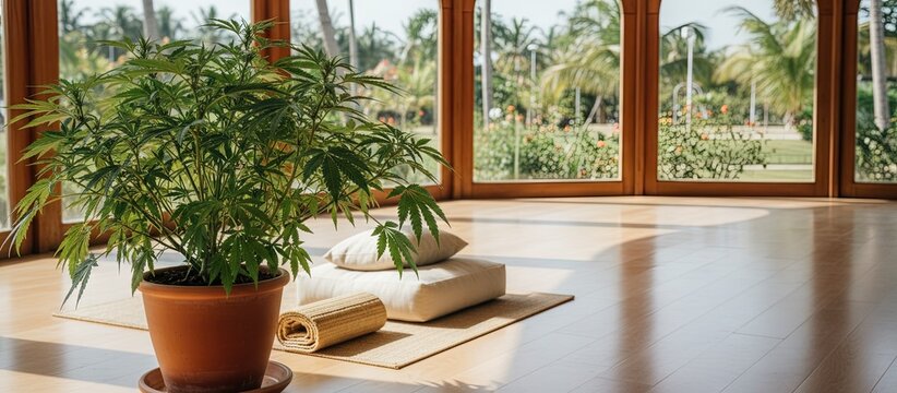 Potted cannabis plant in yoga shala