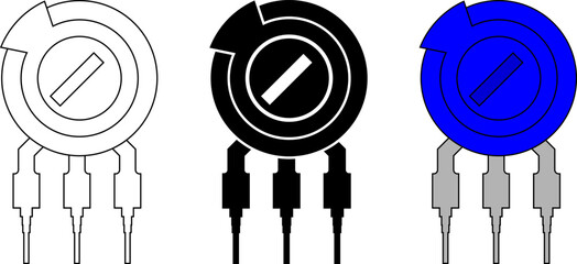 Trimmer potentiometer icon set in outline, solid, and flat color for electronic circuit design