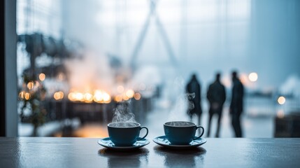 Two steaming coffee cups set on a table in a modern urban cafe. Warm bokeh lights and blurred silhouettes create a cozy, inviting ambiance for conversation.