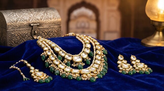 Royal Rajasthani Kundan Polki Bridal Necklace Set with Emeralds and Pearls on Blue Velvet