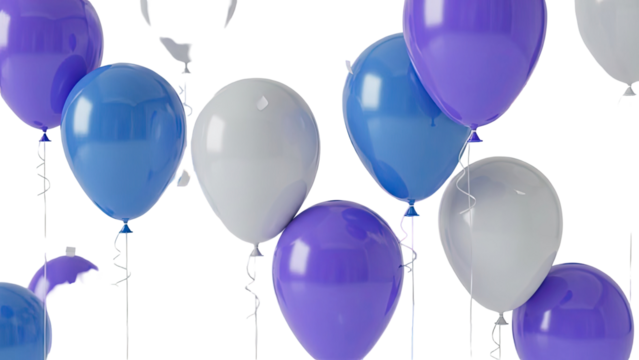 Balloons in blue, purple, and white against a white background - Powered by Adobe