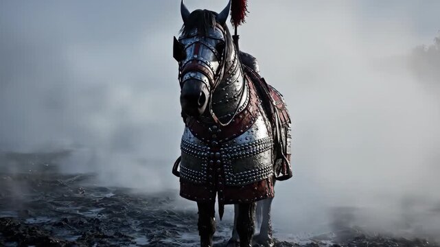 armored warhorse in fog. A powerful warhorse wearing medieval armor stands motionless in thick fog, conveying strength and solemnity.