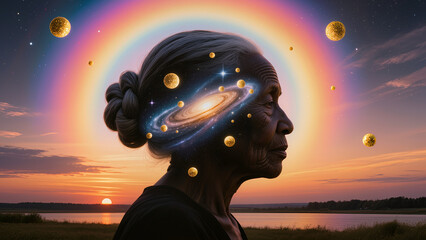 silhouette of an elderly woman's face against the background of space