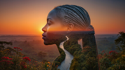 the silhouette of a girl's face against the backdrop of a river
