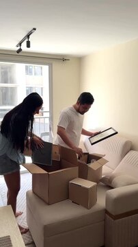 Happy couple unpacking belongings and memories from cardboard boxes after moving into their new home
