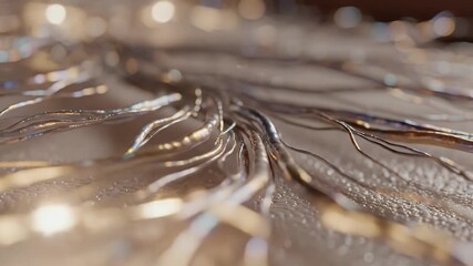 Shimmering Collagen Fibers Strands with Bokeh Lights on Silver Surface Medical Illustration Abstract Background for