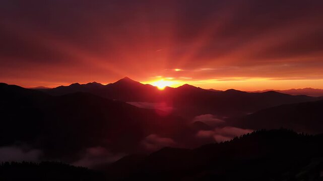 Dramatic sunset over silhouetted mountain peaks with fiery sky