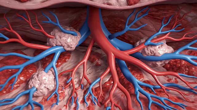 Second-Degree Burn Tissue Animation with Red and Blue Blood Vessels Medical Visualization for Healthcare Presentation