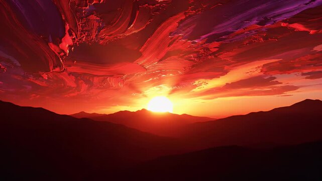 Dramatic sunset over silhouetted mountains with fiery sky