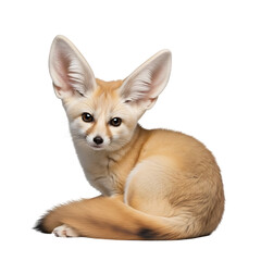 Cute fennec fox sitting alertly against a white background