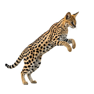 Graceful serval cat in mid-leap, capturing the essence of wildlife agility and beauty