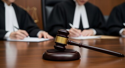 Fototapeta premium Gavel Lies on the Table in Courtroom Setting with Judges in Background