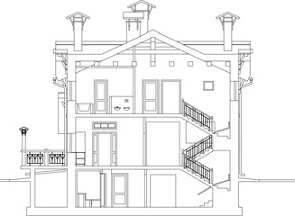 Technical vector of a house sectional view, showing interior room heights, multi-level stairs, attic structure, and foundation. © Riki