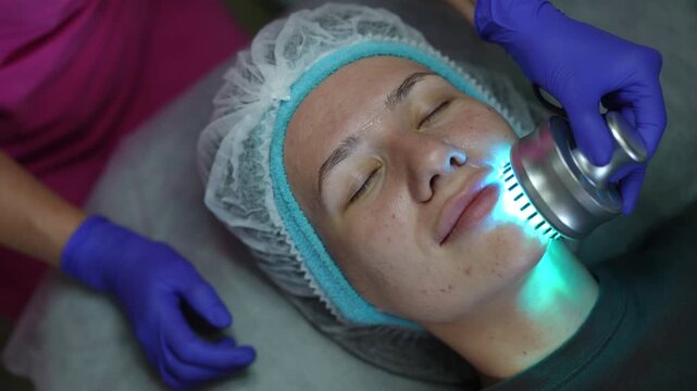 Young woman with closed eyes receiving a facial rejuvenation procedure. A beautician uses a device for led light therapy on her skin