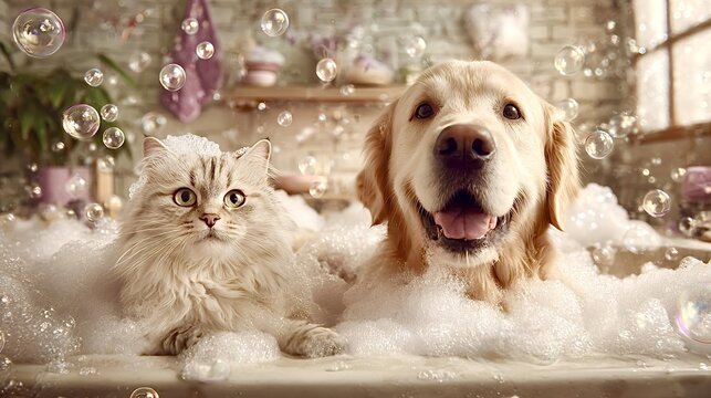 Golden retriever and cat enjoying a bubble bath - Powered by Adobe