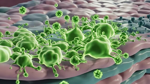 Stylized Animation of Dendritic Cells Presenting Antigens on Layered Tissue Surfaces in Green and Purple Tones