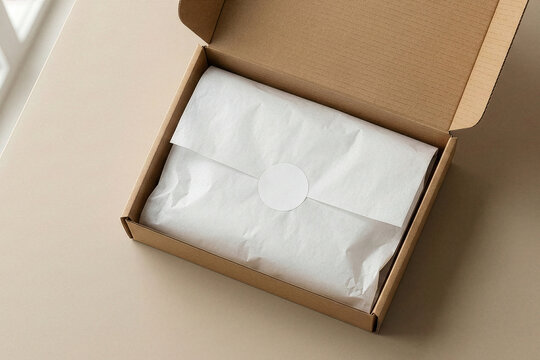 Open cardboard box mockup with white tissue paper and sticker